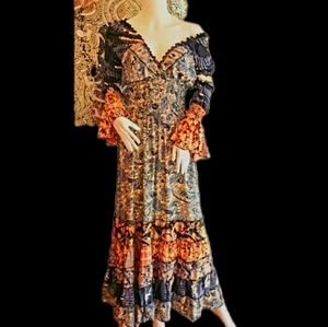 KARMA Hwy Gilded Tier Ruffle Hem Peach/Grn Dress OS NWT